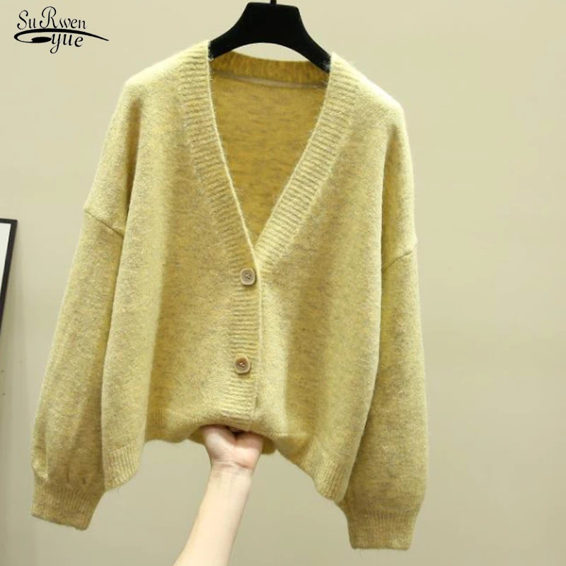 

Зимний кашемировый свитер, вязаный кардиган, Женский Осенний однотонный Повседневный Свободный корейский модный вязаный жакет с V-образным вырезом, женские свитера 17192