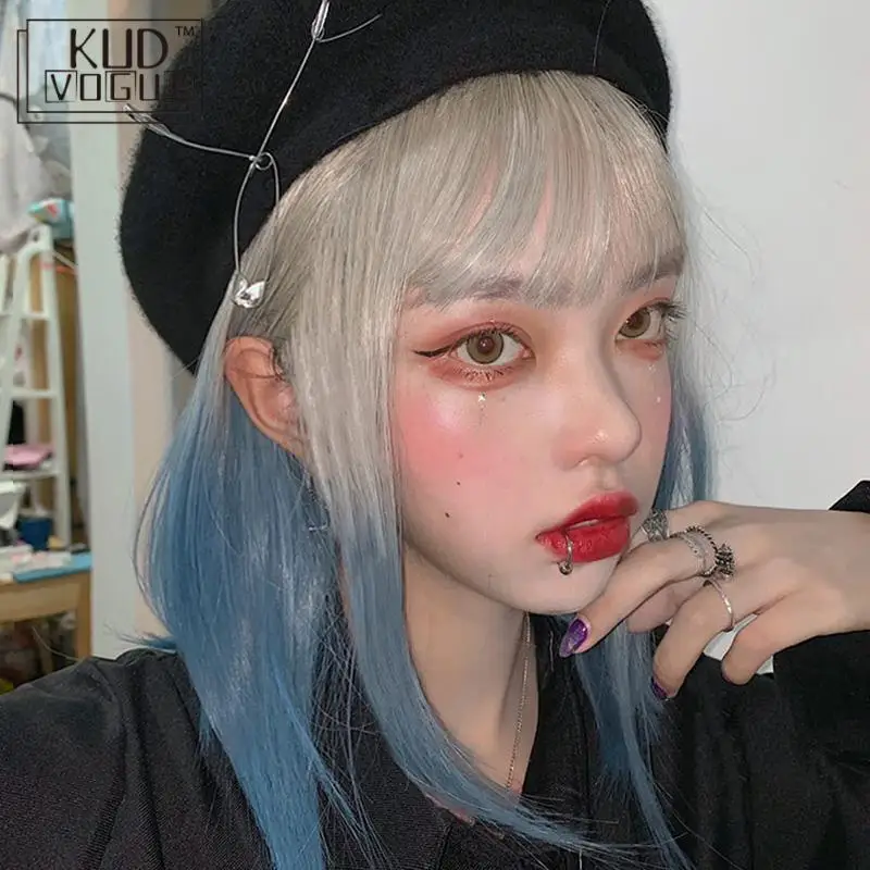 Градиентный парик синего и серого цвета с симпатичной челкой боба для косплея