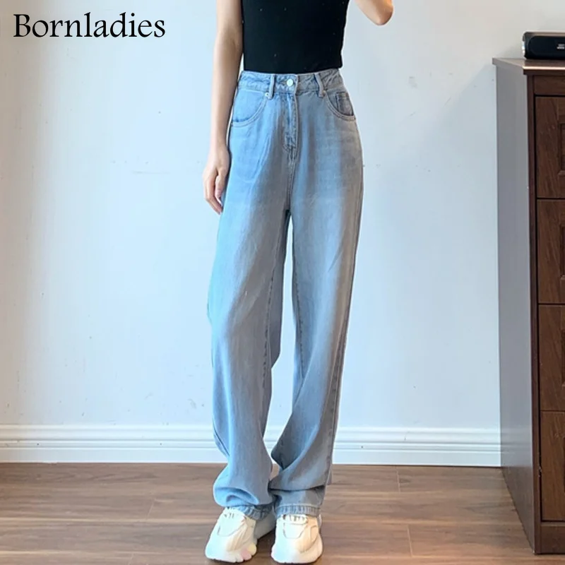

Bornladies Autumn Loose Floor-Length Wide Leg Jeans Pants for Women High Waist Pockets Female Straight Denim Trousers 2022