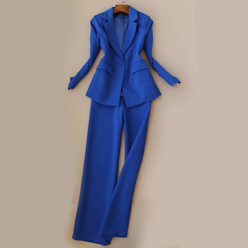 

Women Chic Spring Autumn One Button Suit Blazer Jacket + Wide Leg Suit Pants Office Lady One Set