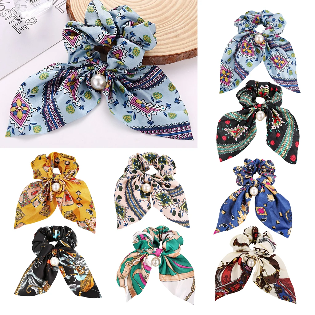 

Women Fashion Bow Hair Scrunchies Hair Band Elegant Pearl Bobble Hair Ties