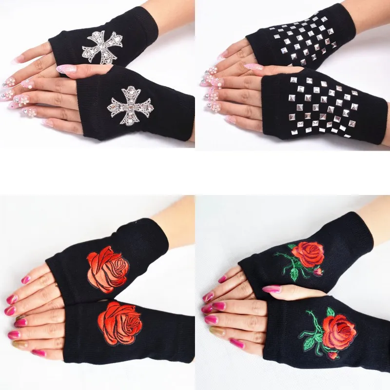 Перчатки Стразы без пальцев вязаные блестящие митенки с цветами розы для женщин