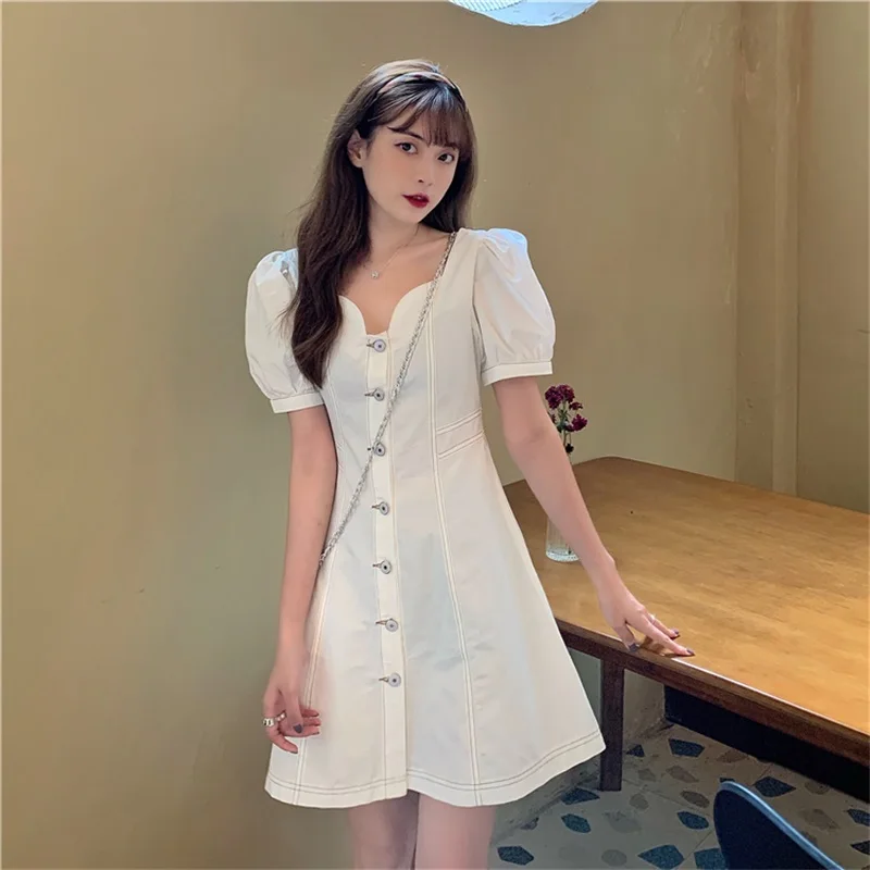 

Sweet Thin Kawaii Women Dresses Japanese Elegant Buttons Square Collar Short Puff Sleeve Preppy Style Above Knee Dress Female