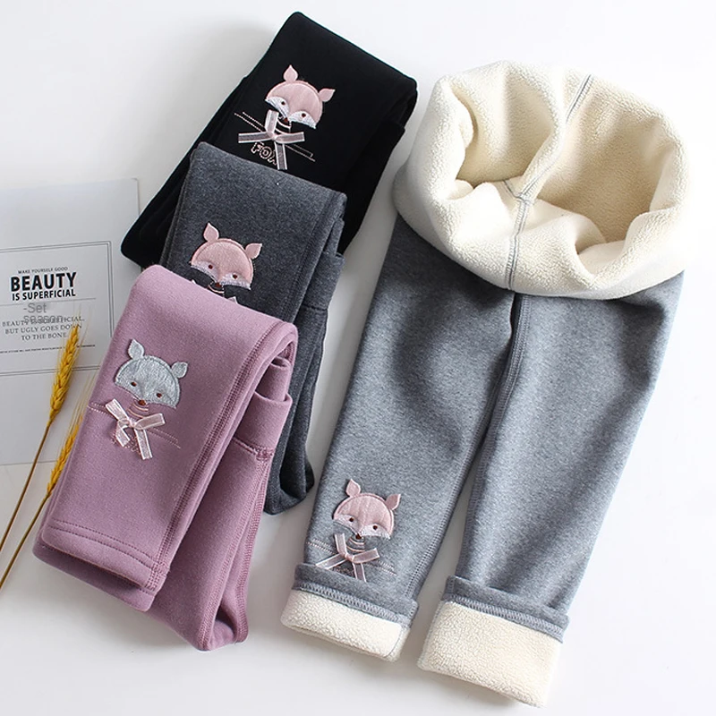 

Леггинсы для девочек осень-зима плюс бархатные плотные вельветовые Детские облегающие эластичные штаны с мультяшной вышивкой лисы без кос...