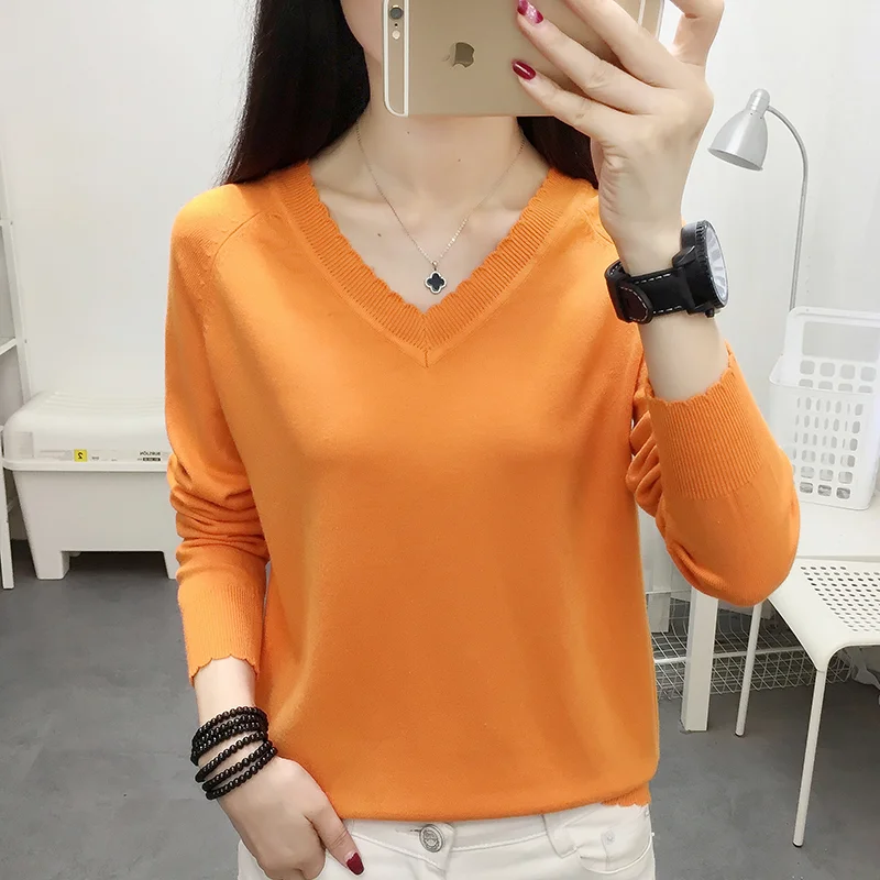 

Spring New Knitted Sweater Women's V-Collar Loose Skinny Long Sleeve Backing Knitted Sweater