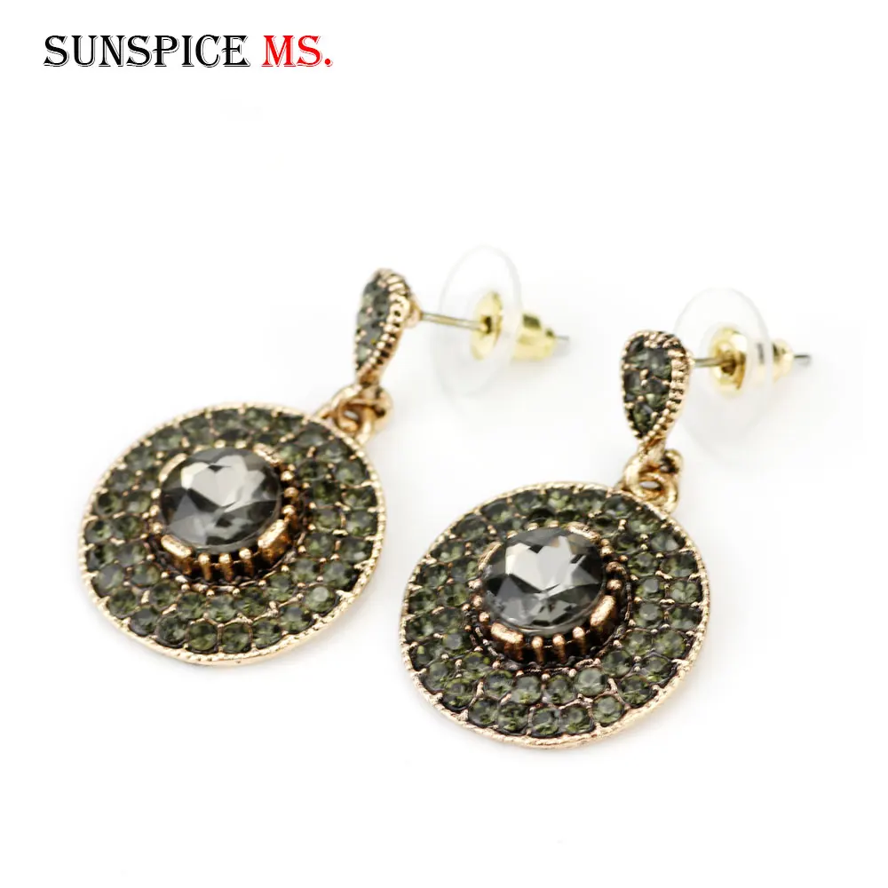 

Sunspicems Vintage Turkish Drop Earring Bohemia Women Earring Bride Wedding Jewelry Round Gray Crystal Antique Gold Color Bijoux