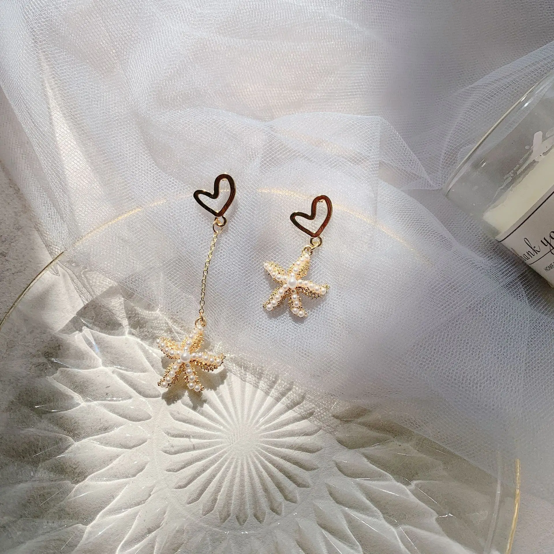 Простые Позолоченные асимметричные серьги с жемчугом в виде морской звезды 2021OL