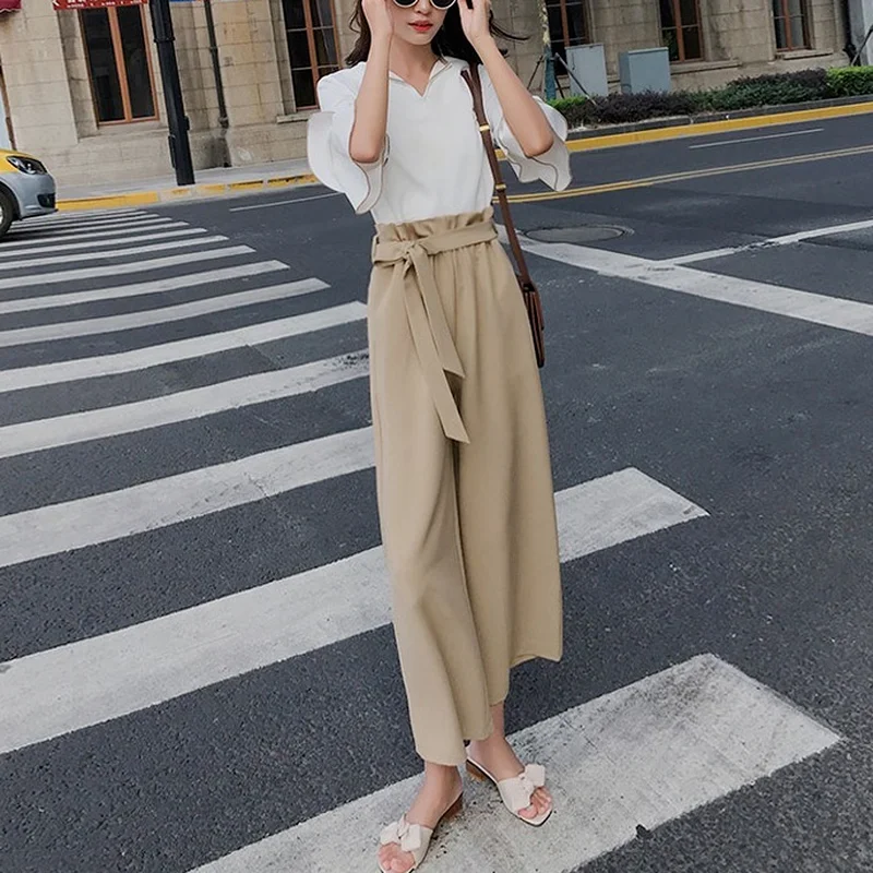 

2021 Temperament Office Lady Women Sets V-neck Ruffles Chiffon Blouses + Simple Loose Soft with Sashes Skirts Female Summer New