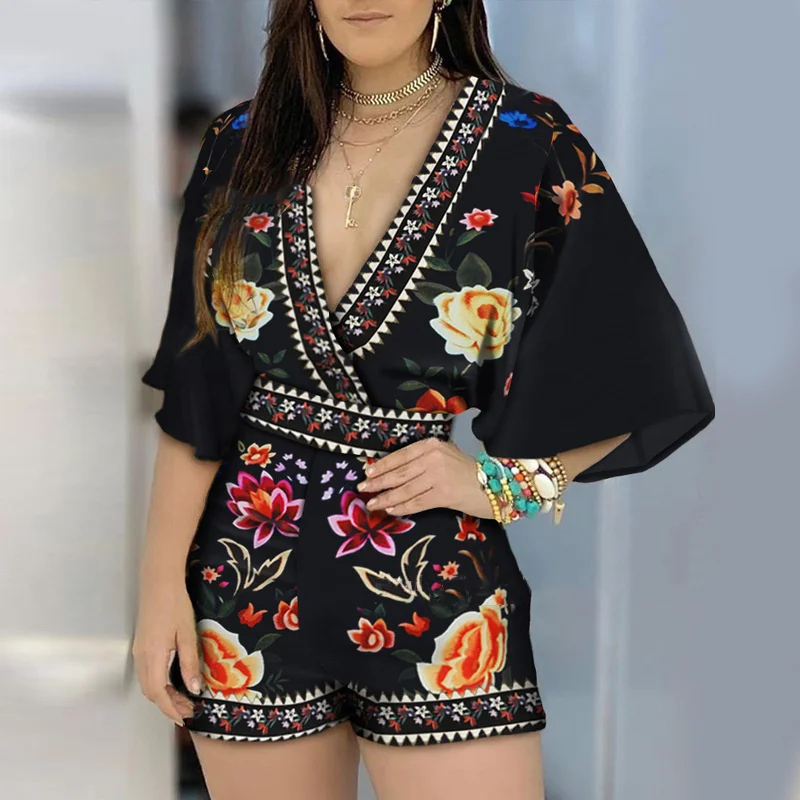 

Thorn Tree Women Summer Rompers Vintage Style Flower Print Flare Sleeve V-Neck Playsuits Plus Size Backless Tied Romper 6 Colors