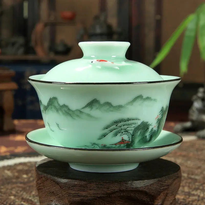 [GRANDNESS] фарфоровая чайная чашка Longquan Gaiwan ручной работы с цветочным принтом 170