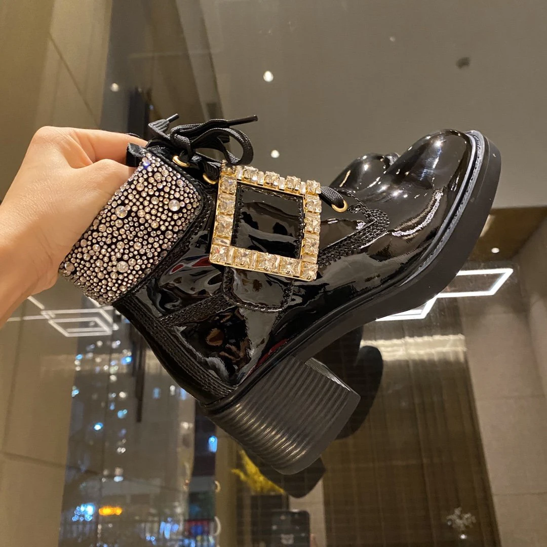 

Genuine Leather Mid-heel Round Toe Fashion Ankle Boots Black Yellow Blingbling Autumn Winter New Square Rhinestone Martin Boots