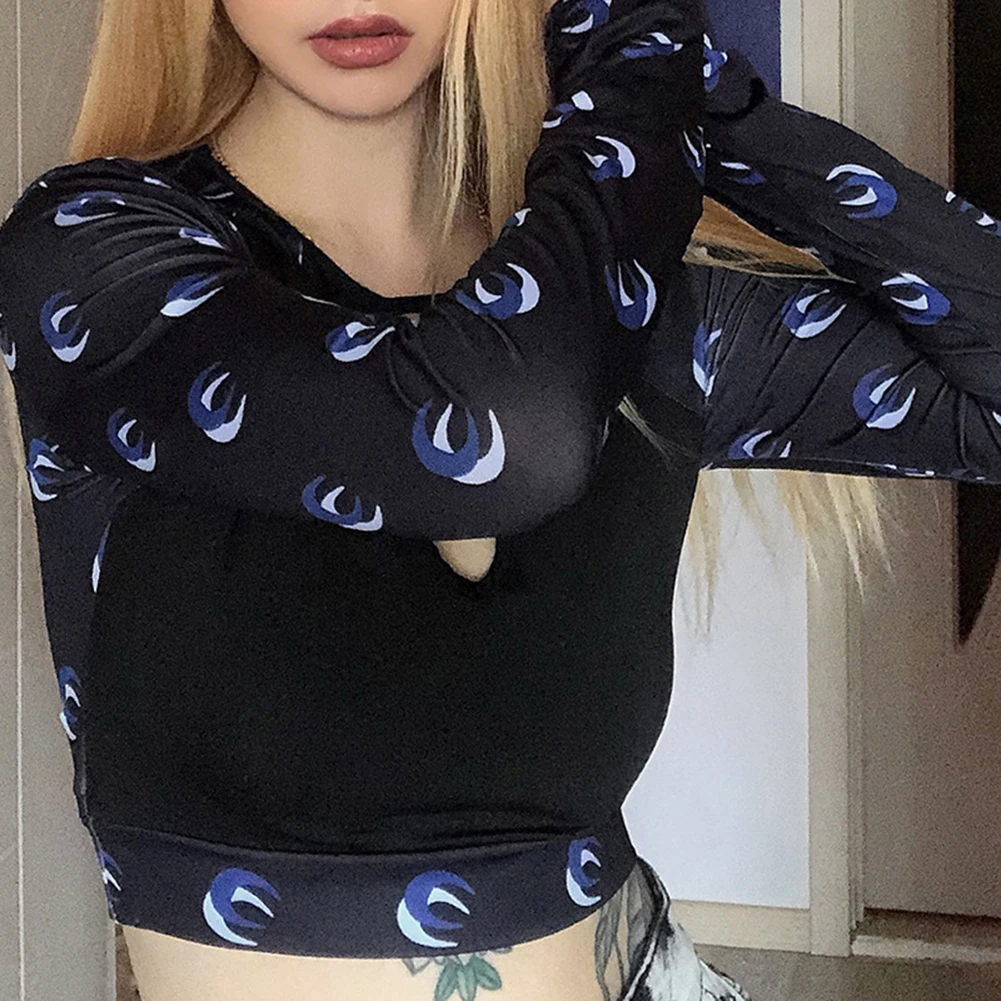 Y2K EGIRL Готическая Луна Partten лоскутные сексуальные футболки Harajuku с вырезами