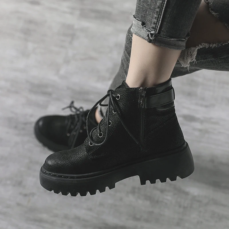 Ботильоны для женщин на платформе обувь черного цвета армейские ботинки молнии