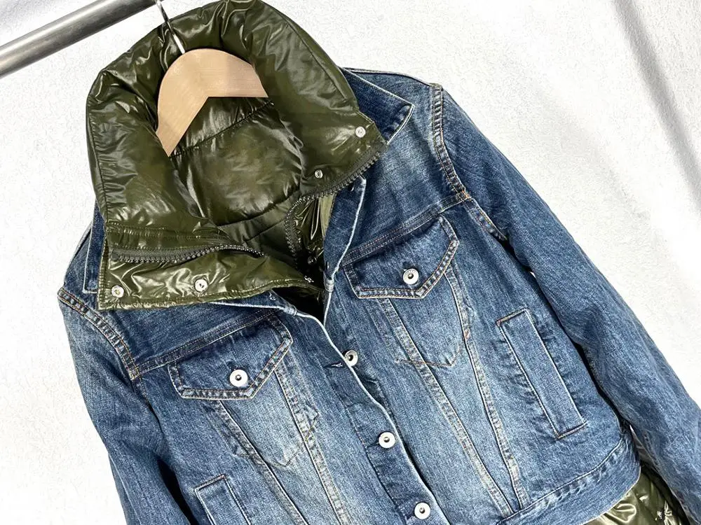

Sale!! 11.27 Winter Hot Turtleneck Denim Patchwork Contrast Color Fake Two Piece Coat Women Thicken Keep Warm Down Overcoat