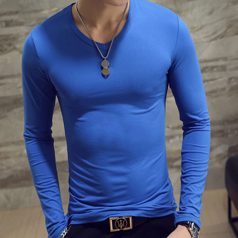 Spring Autumn Period Long Sleeve Cultivate Ones Morality Men's T-shirt O-neck Solid Polyester T Shirt Men Red Blue Black images - 6