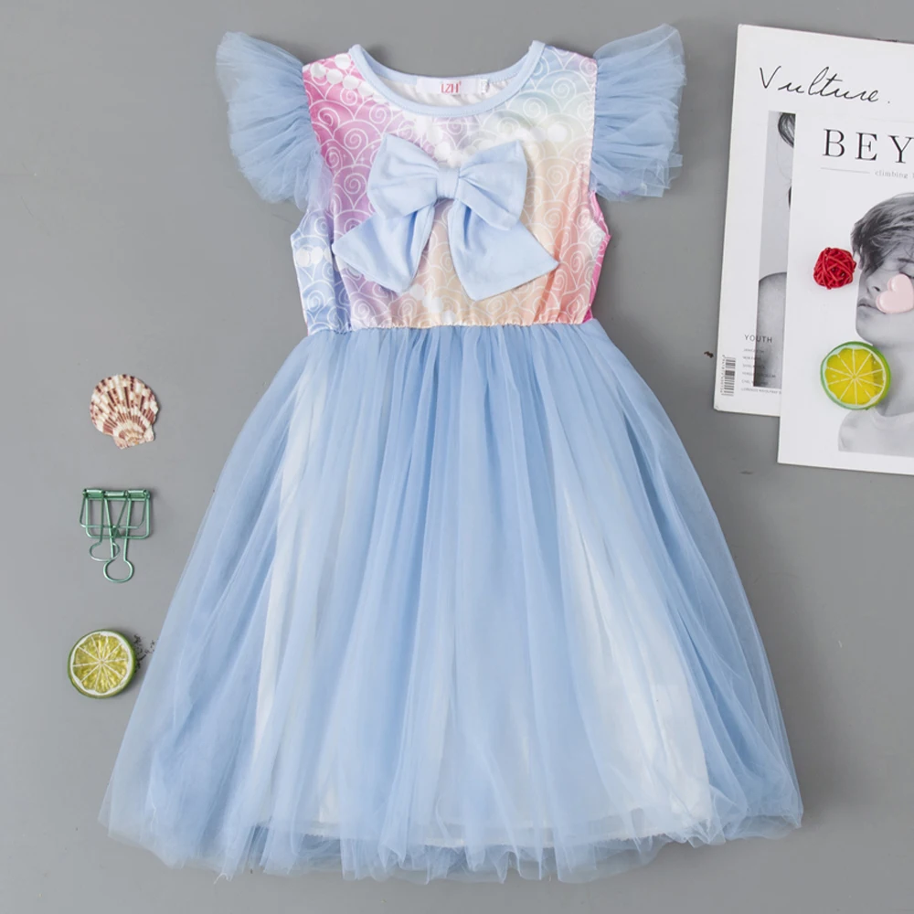 Summer Kids Dresses For Girls Unicorn Birthday Party Dresses 2022 Children Girls Rainbow Tutu Mesh Princess Dress 3 4 5 6 7 Year
