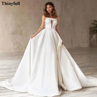 thinyfull ivory a line satin wedding dresses strapless buttons bride dress cut out long train plus size princess bridal gowns