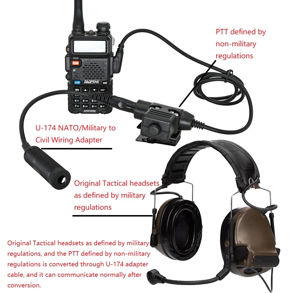 

U-174 NATO/Military To Civilian Tactical Headset PTT Adapter Cable, for PTT Connection To The Original Military-defined Headset