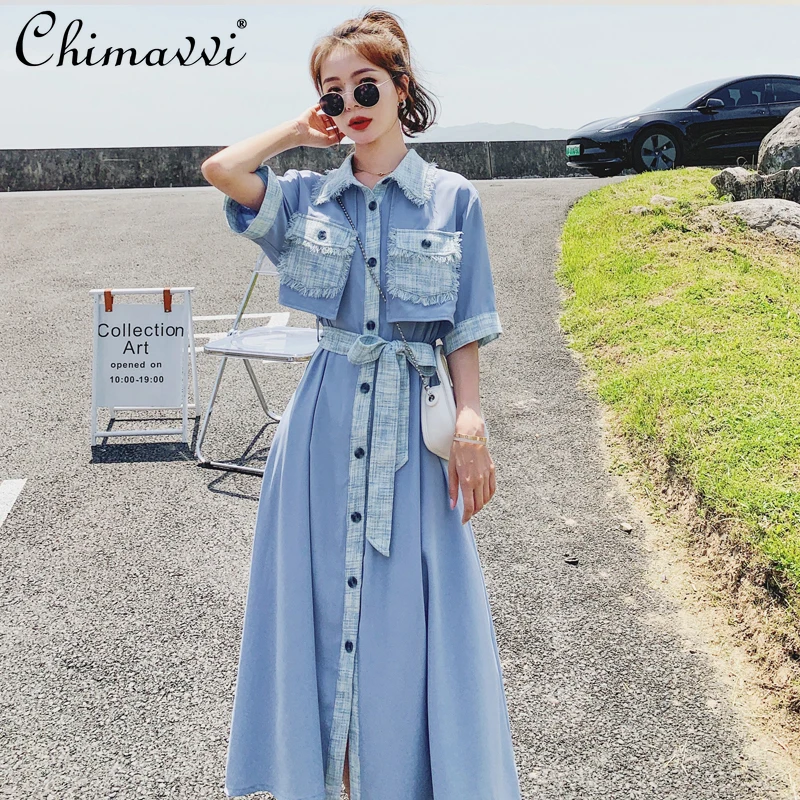 

Blue Short Sleeve Long Dress Women's Summer 2021 A Line High Waist Shirt Dress Female Korean Slimming Chiffon Dress