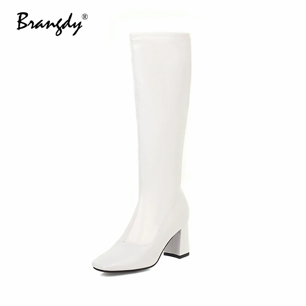 Brangdy 2022 Women Knee Hight Boots PU Leather Fashion Women Shoes Square Toe Zipper Women Winter Knight Boots 6 cm Square Heels