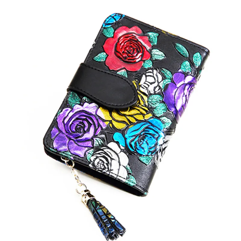 

Colorful Printing Women's Wallet Genuine Leather Tassel Card Holder Coin Purses Wallets for Women Money Clip Ladies Retro Purse