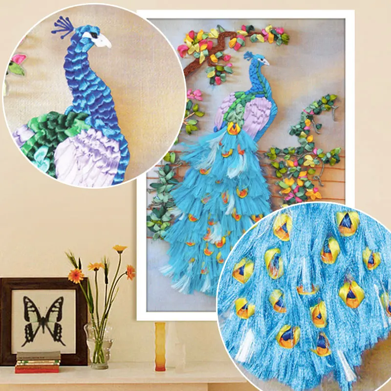 3D Павлин шелковая лента с цветами Ваза Набор для вышивки крестом рукоделие