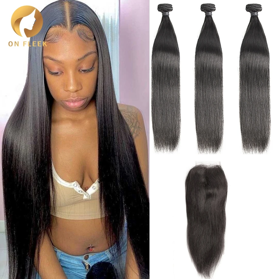 

Human Hair Bundles With Closure Bone Straight Bundles 4x4 Closure 28 30 32 Inch Remy Hair Extension Brazilian Weave 3 4 Bundles