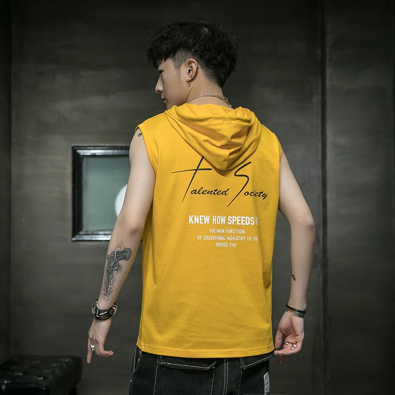

2021 Summer Sleeveless T-Shirt Men's Trendy Hip Hop Cantilevered Youth Hooded Vest,Fashion Letter Embroidery Design B615-ZT8250