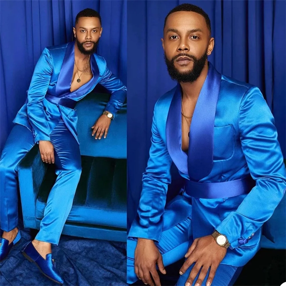 

Summer Royal Blue 2-Piece Men Suits Silk Satin Formal Groom Wear Jacket And Pants Fashion Peaked Lapel Blazer Suit Terno Tuxedo