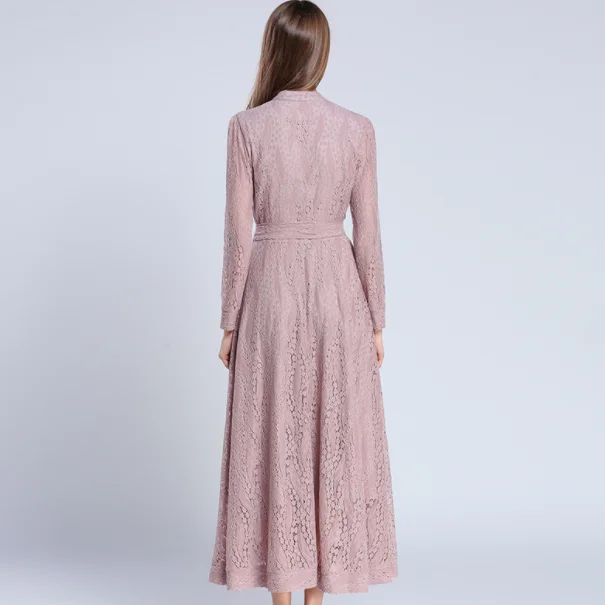 Новинка Кружевное Платье макси с бантом тонкое розовое круглым вырезом