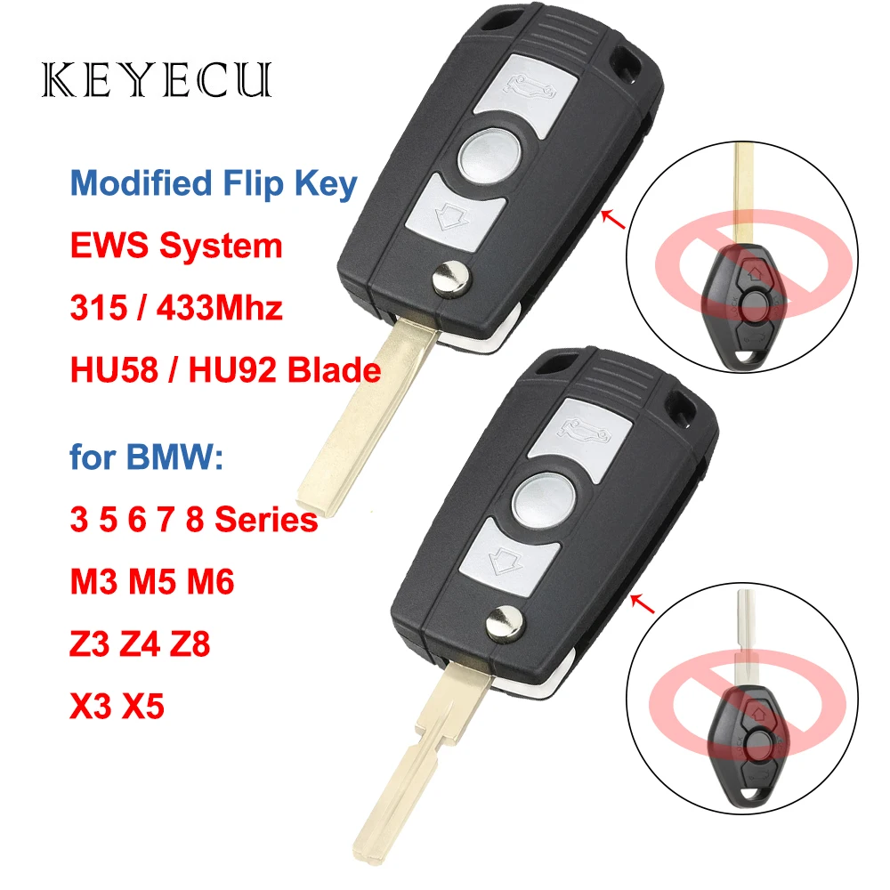 

Keyecu EWS Modified Flip Remote Car Key Fob 3 Buttons 315MHz/433MHz for BMW E81 E46 E39 E63 E38 HU92/HU58 Blade