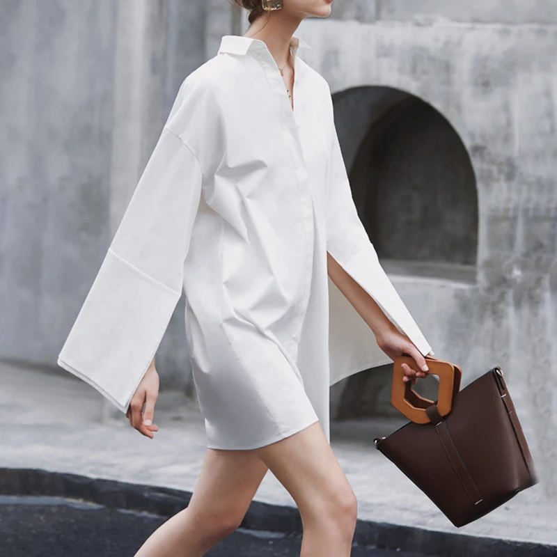 CHICEVER корейское свободное прямое платье-рубашка для женщин воротник с отворотом