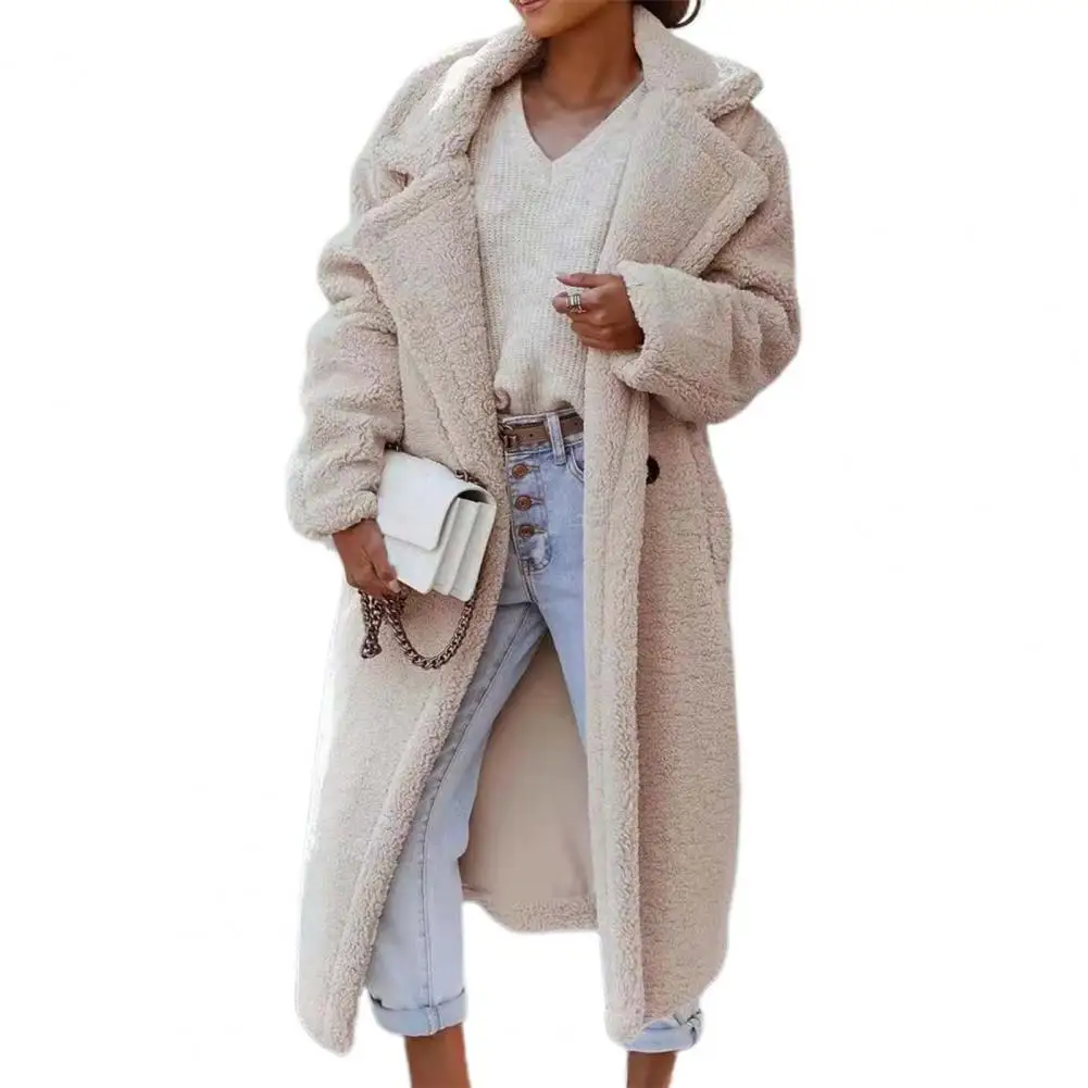 

Ladies Long Sleeve Side Pockets Fluffy Coat Lapel Solid Color Women Long Plush Overcoat Fashion Long Overcoat Female Clothing