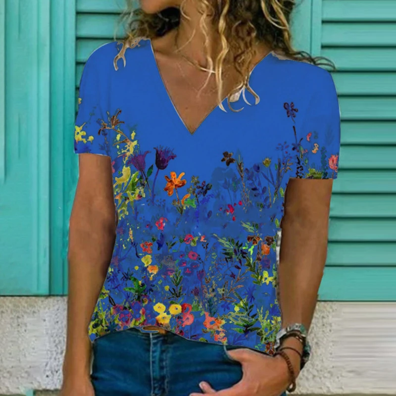 

Summer Women V-neck Slim Short Sleeve Tops Temperament Commuter Floral Print Pullover All-match Lady T Shirt