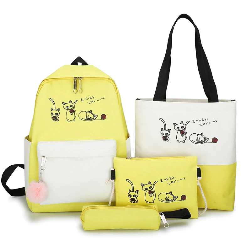 4Pcs/Set Travel Casual Oxford Letter Backpack Preppy Style Cute School Bags For Teenage Girls Women Cat Book Bag Rucksack Dame - Цвет: Yellow-P