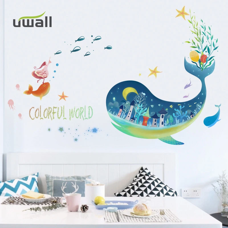 

Fantasy Underwater World Cute Whale Wall Stickers For Kids Rooms Bedroom Home Decor Wall Decoration Self-adhesive Anime Sticker