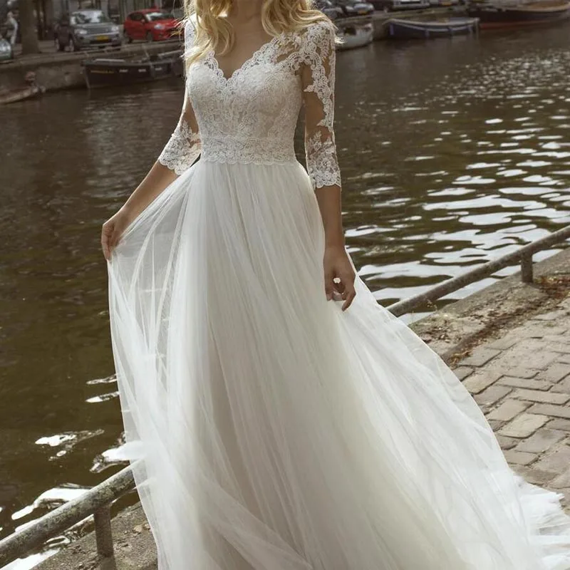 

bohemian wedding bridal Dress Lace Appliques V Neck 3 4 Long Sleeves Tulle beach Boho Wedding Dresses Bridal Gowns Vestidos De