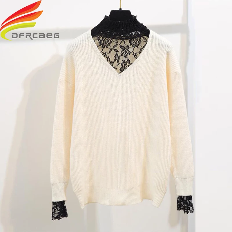 Кружевной лоскутный свитер женский 2019 Осень Зима Новое поступление корейский
