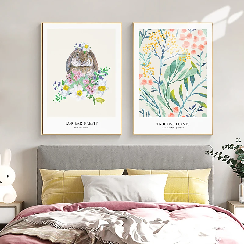 

Lucky Rabbit Animal Canvas Art Print Nordic Posters and Prints Flower Wall Art Picture Bunny Posters For Living Room Home Decor