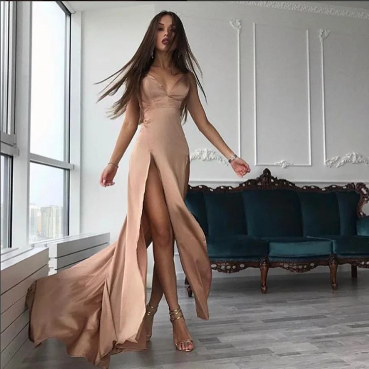 

TRODEAM Sexy Women Spaghetti Strap V Neck Maxi Dress Partywear Summer New Bodycon Low Cut Split Long Dress Clubwear Robe Female