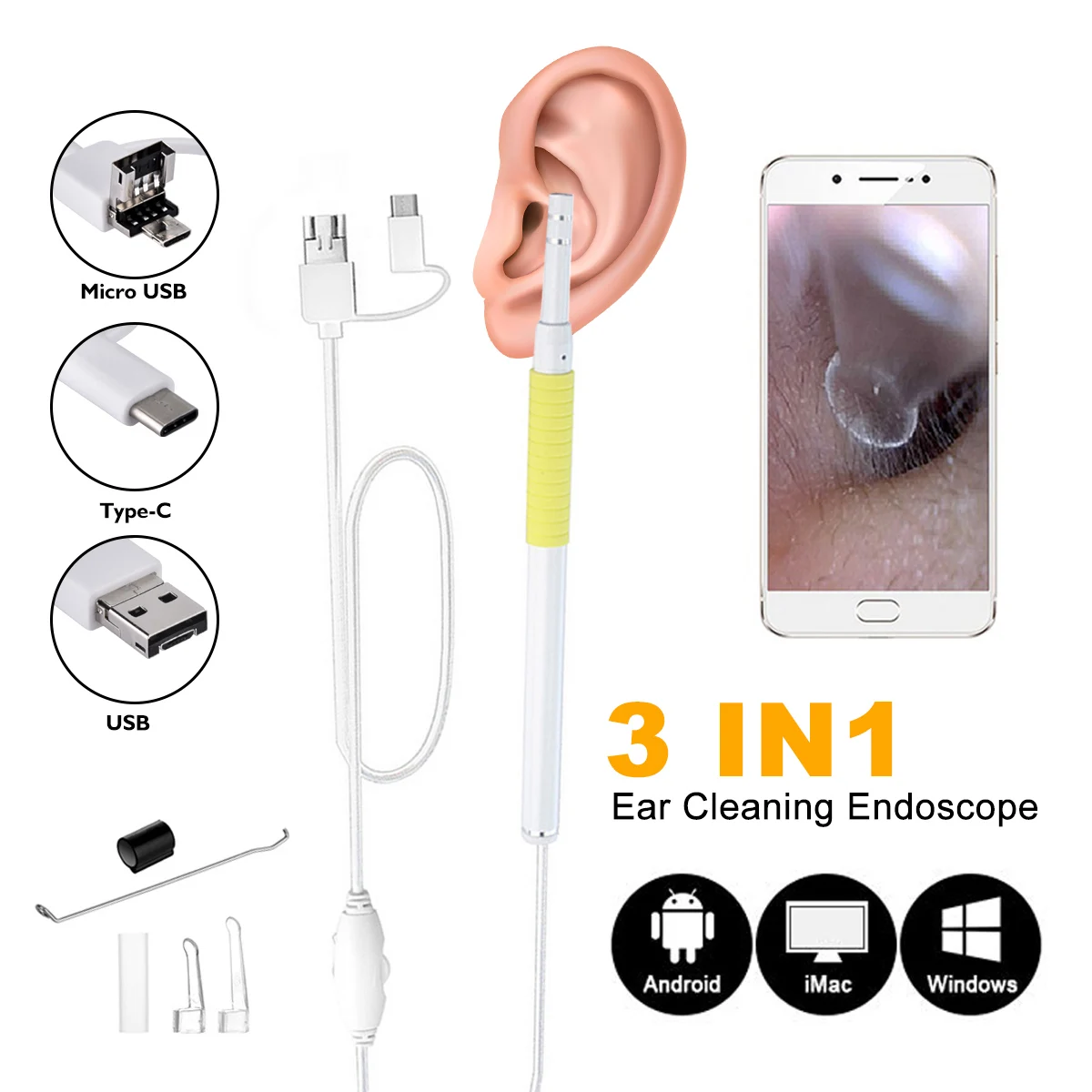 

3 in1 HD Medical In Ear Cleaning Endoscope Spoon Mini Camera Otoscope Mouth Nose Otoscope Tool Ear Picker Ear Wax Removal