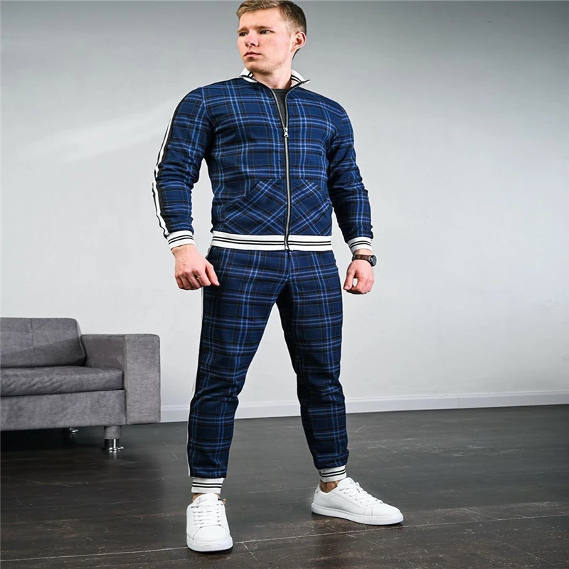 

[Cross-border] Men's suit Amazon autumn striped casual men's casual men's tide brand plus size sportswear two-piece suit