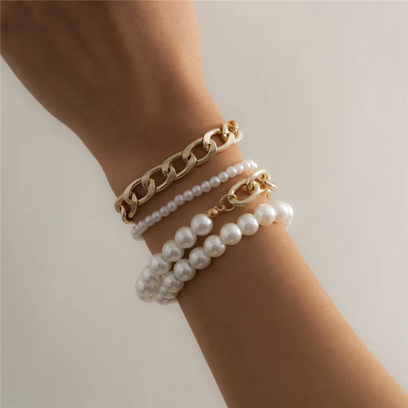 

Retro Ethnic Style Stitching Chain Imitation Pearl Bracelet Idyllic Temperament Elegant Mixed Color 4-piece Set Of Women Jewelry
