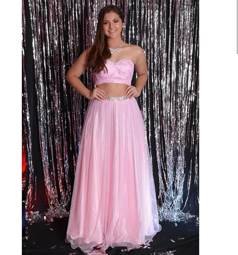 

2020 Prom Dresses Two Pieces Pink Tulle Shinning Sweetheart Sleeveless Women Party Dress Sweet 15 girl Prom Gowns Charming new