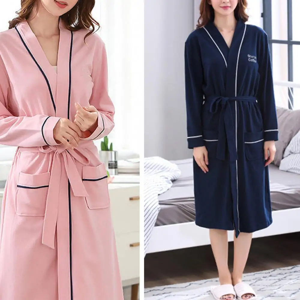 

Women Soft Solid Color Sleepwear Fashion Long Sleeve Pockets Bath Robe Home Gown Sleepwear