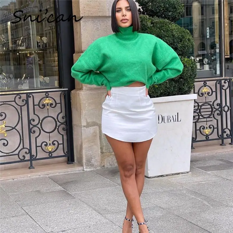 Женский трикотажный свитер Za зеленый однотонный Свободный пуловер с высоким