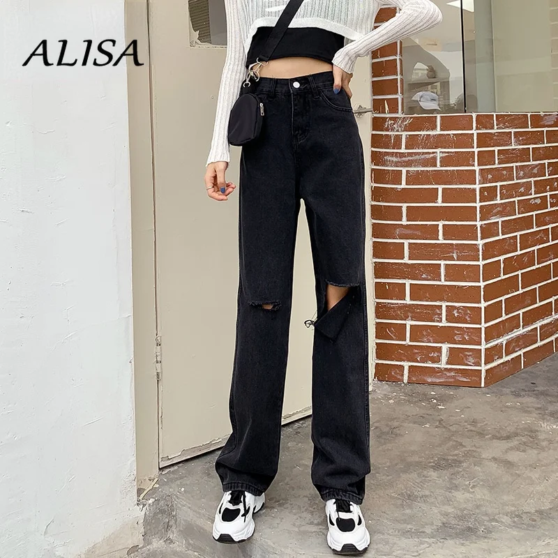 

Women Ripped High Waist Straight Leg Denim Pants Fall Fashion Vintage Streetwear Black Jean Casual Baggy Wide Leg Black Pants