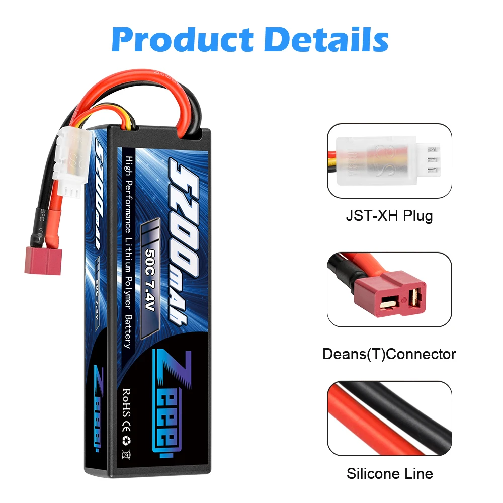 Bater&iacute;a lipo Zeee de 520mah para veh&iacute;culos de control remoto, pila de litio y pol&iacute;mero con enchufe, 7,4 v 50c para carro, camiones, helic&oacute;ptero y barcos de autocontrol-1