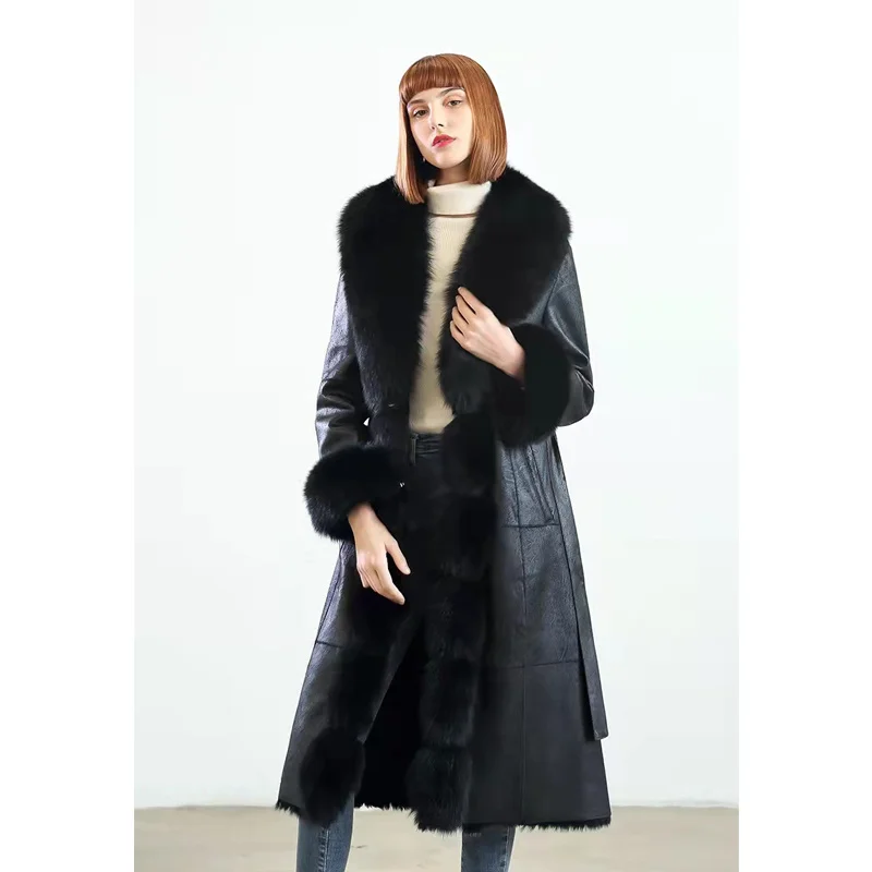 

Женское длинное пальто из натуральной овчины, куртка из натуральной овчины с натуральным лисьим мехом, пальто из натуральной кожи с поясом для зимы, 2021