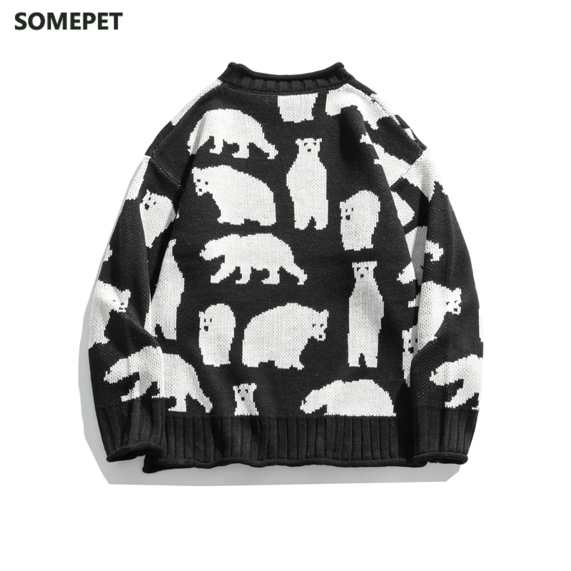 

Men Sweater Vintage Polar Bear Pattern Hip Hop Streetwear Harajuku O-neck Oversize Pullover Sweter Acrylic Casual Male Sweaters